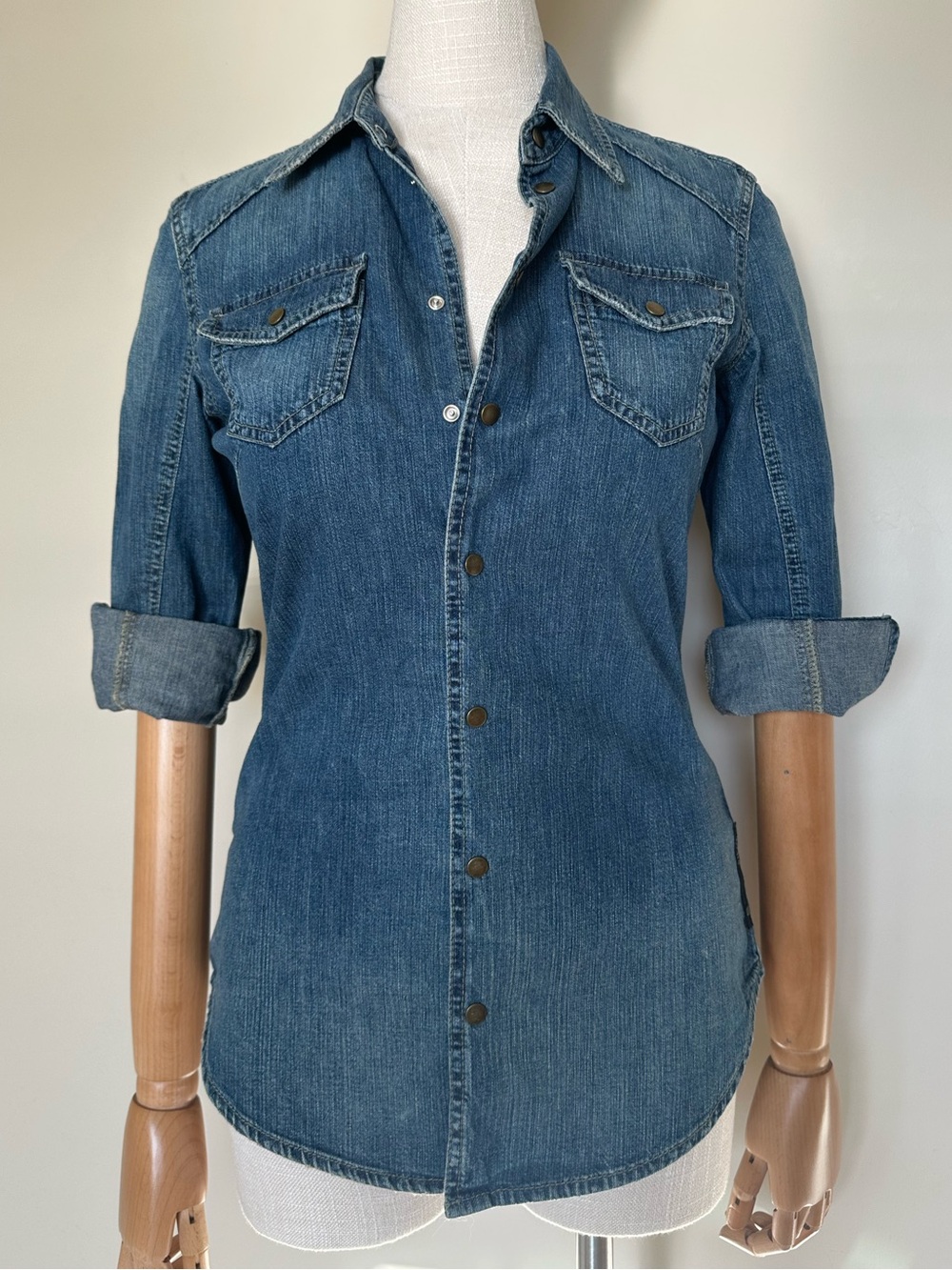 Women's Diesel Denim 3/4 Sleeve Button Up Shirt - Medium Dark Blue 100% Cotton